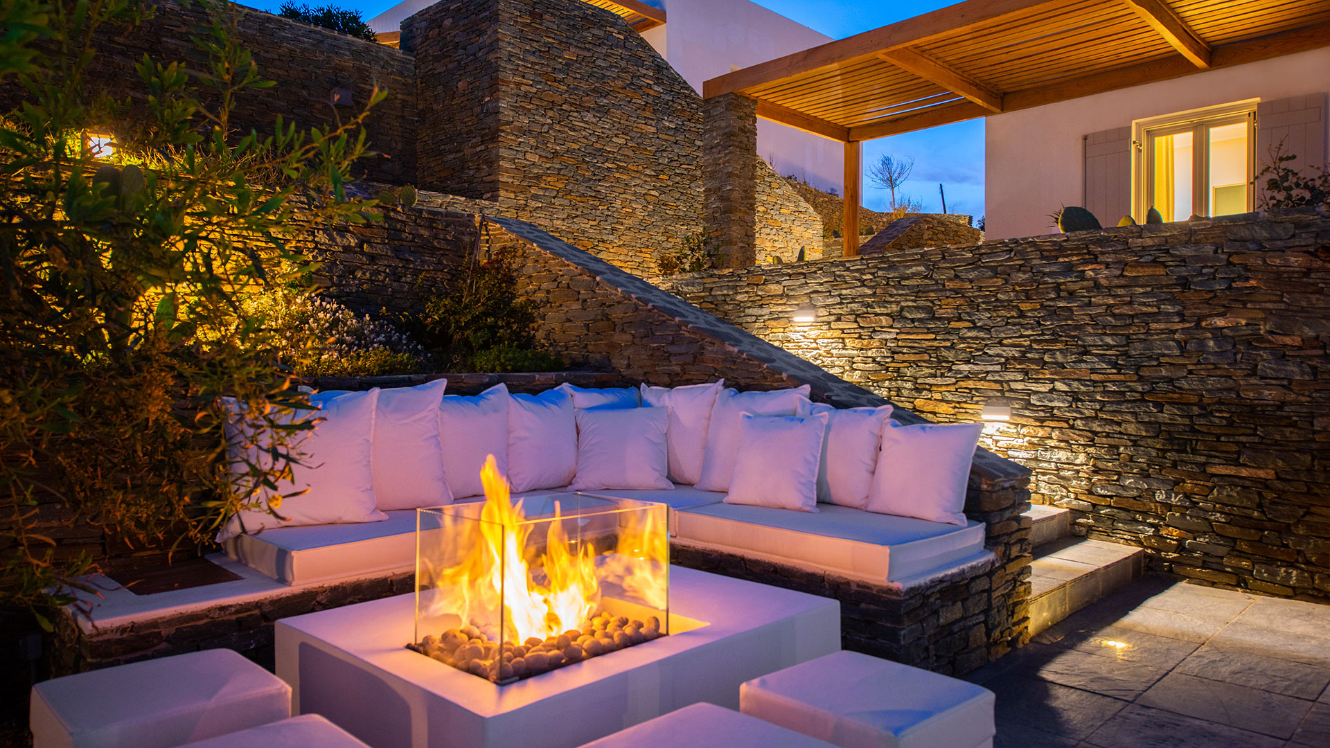 Outdoor hearth at the lounges of Elements